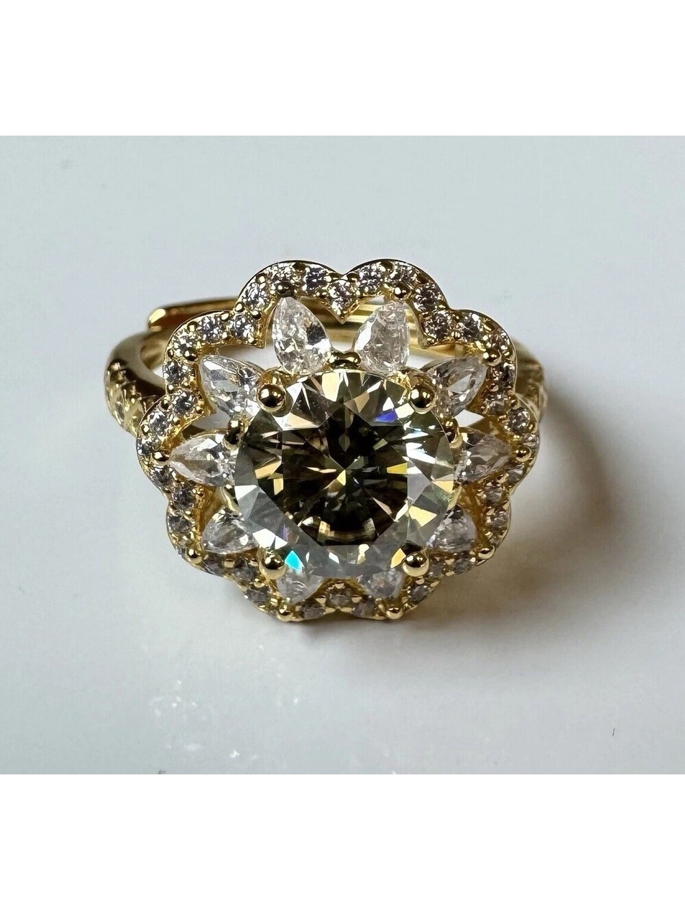 2ct Moissanite Vintage Style Sunflower Statement Ring, Gold Plated, Cz Accents